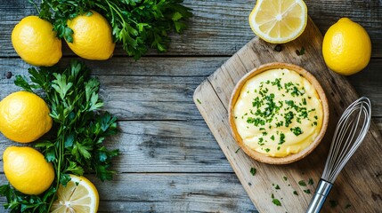 Flat lay of Eggs Benedict with hollandaise sauce, surrounded by lemons, parsley, and a whisk on a rustic wooden surface