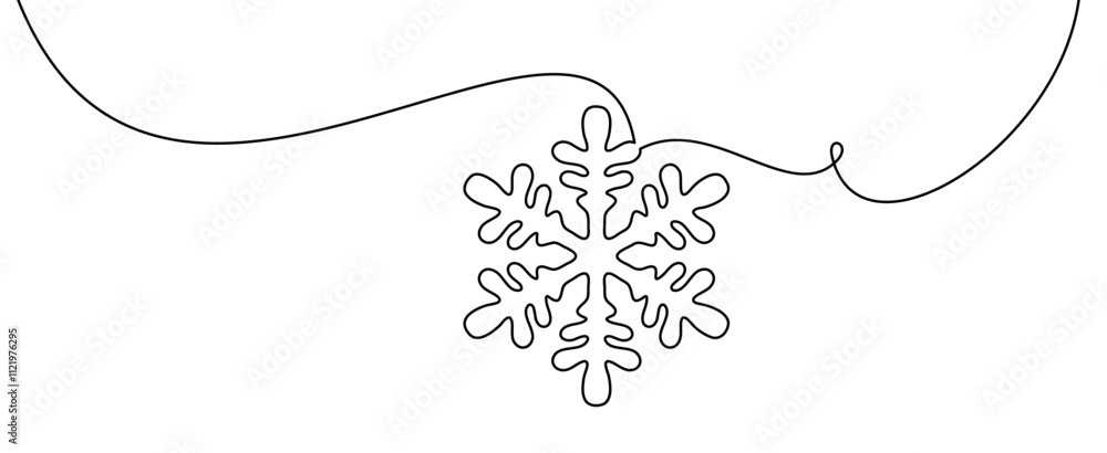 Poster vector illustration of a single snowflake outline hanging from a flowing curved line, capturing mini
