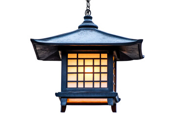 A beautifully crafted traditional Japanese lantern showcasing intricate designs, glowing softly with warm light against a white isolated background.