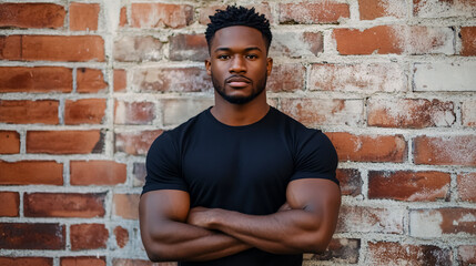 Obraz premium A handsome African American man posing against a brick wall in a plain black t-shirt.