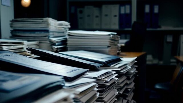 medical claims examiner flipping stack files office background ticking clock or claims examiner reviewing documentation in a busy environment or file analysis medical claims office setting