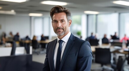 Fototapeta premium Confident business man in office. Senior businessman coach, leader looking at camera. Middle aged business man in suit standing in office. Businessman boss director.