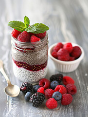 Chia Pudding with Mixed Berries in a Mason Jar on a Bright Breakfast Table