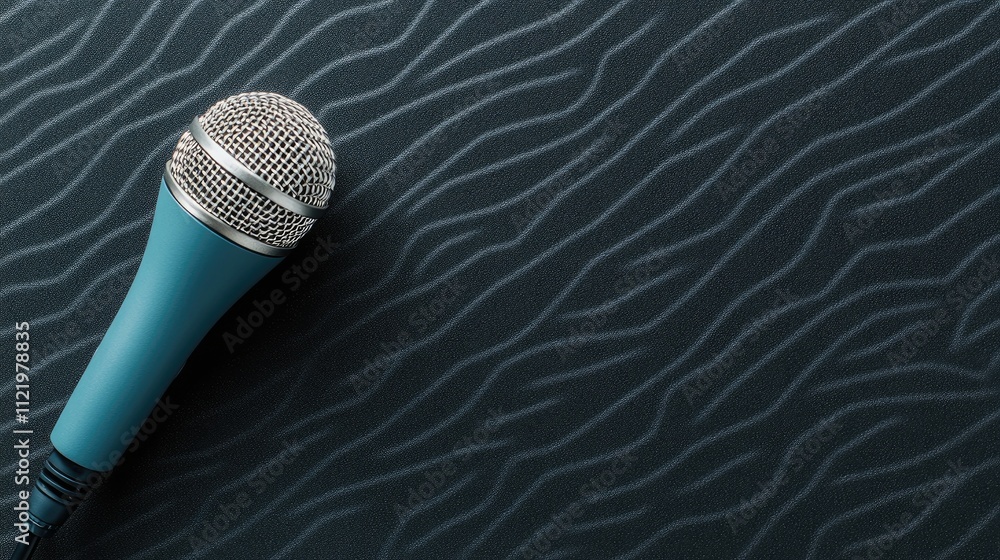 Poster this close-up showcases a microphone set up for recording, positioned in front of soundproofing foam