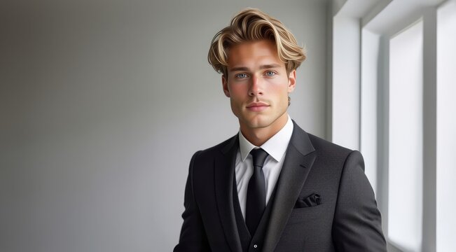 Fashion male model. Man confident businessman. Handsome blonde Man portrait. Man in suit, attractive businessman, business style. Portrait of a guy in an expensive business suit.
