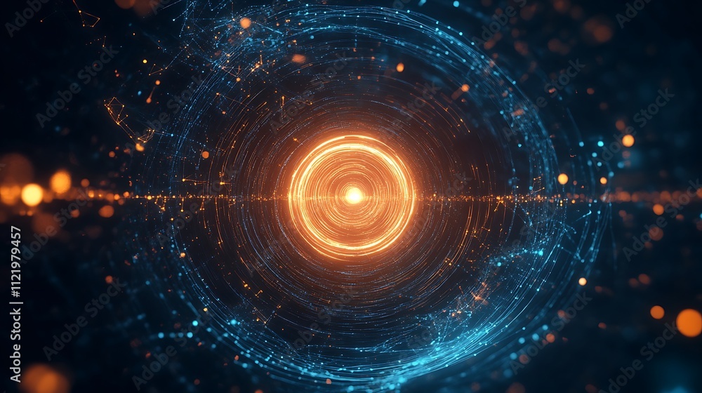Poster a glowing holographic logo floating in a digital matrix, surrounded by swirling light patterns