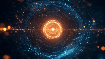 Fototapeta premium A glowing holographic logo floating in a digital matrix, surrounded by swirling light patterns