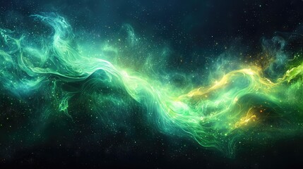 Vibrant green and yellow cosmic wave: mystical energy in the night sky