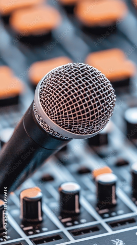 Poster close-up of a microphone positioned prominently on a detailed sound mixer. this setup showcases vibr