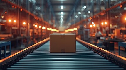 A close-up view of a cardboard box on a conveyor belt in a warehouse, captured with a focus on its movement
