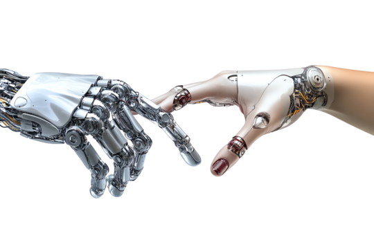 A close-up view of a human hand reaching out to a robotic hand, symbolizing the connection between humans and artificial intelligence.