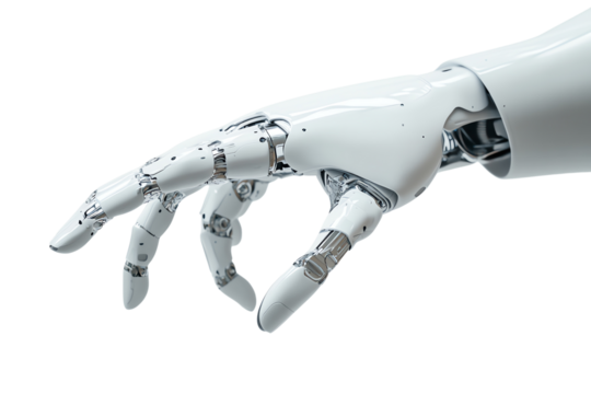 A close-up view of a robotic hand showcasing intricate mechanical designs and high-tech materials, perfect for illustrating advancements in robotics.