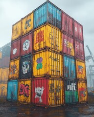 Fototapeta premium Graffiti-adorned cargo containers in an industrial port setting