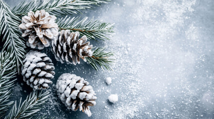 Snow-Covered Fir Branches and Pine Cones &ndash; Crisp Air Palette: Snowy White, Sky Blue, and Pine Green