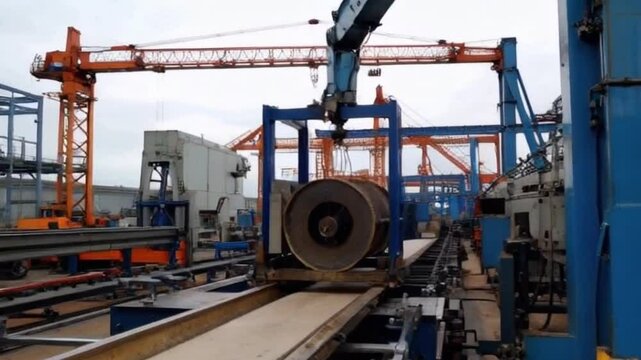 millwright installing new machinery production line industrial facility cranes large equipment or millwright implementing machinery upgrades in a production area or machinery setup
