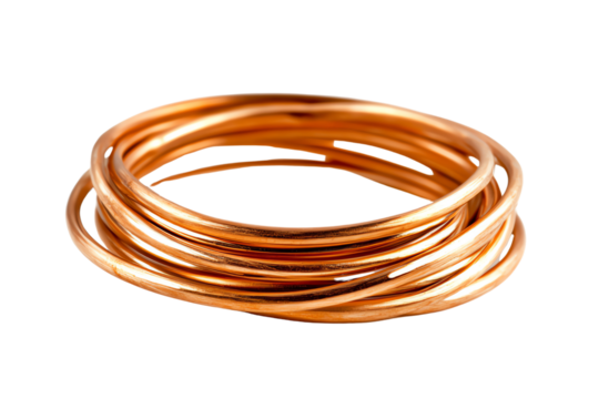 A collection of intertwined copper wires, highlighting the metallic sheen and smooth texture against a white isolated background.