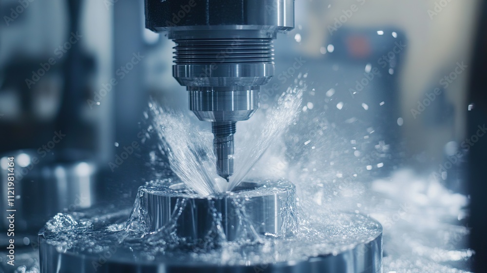 Poster a close-up of precision machinery at work, machining intricate parts with zero tolerance.