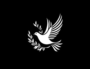 Obraz premium White dove of peace with olive branch on black background.