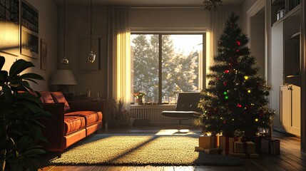New Year's interior with Christmas tree, American house 