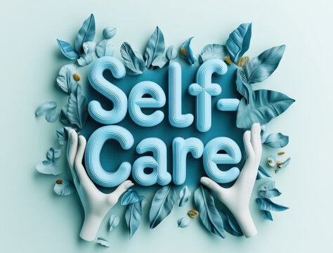 3D text "Self-Care" in blue on a white background, with a hand holding the words with both hands