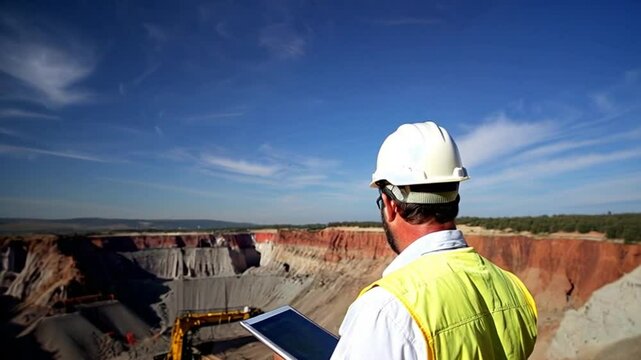 mining engineer surveying open-pit mine heavy machinery rock formations background or mining engineer assessing an open-pit mining operation or site survey