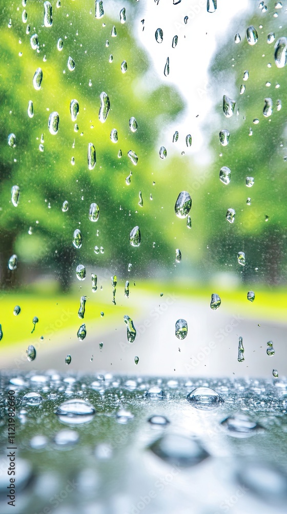 Aufkleber raindrops cling to the window glass, creating a distressed pattern against a blurred backdrop of gre