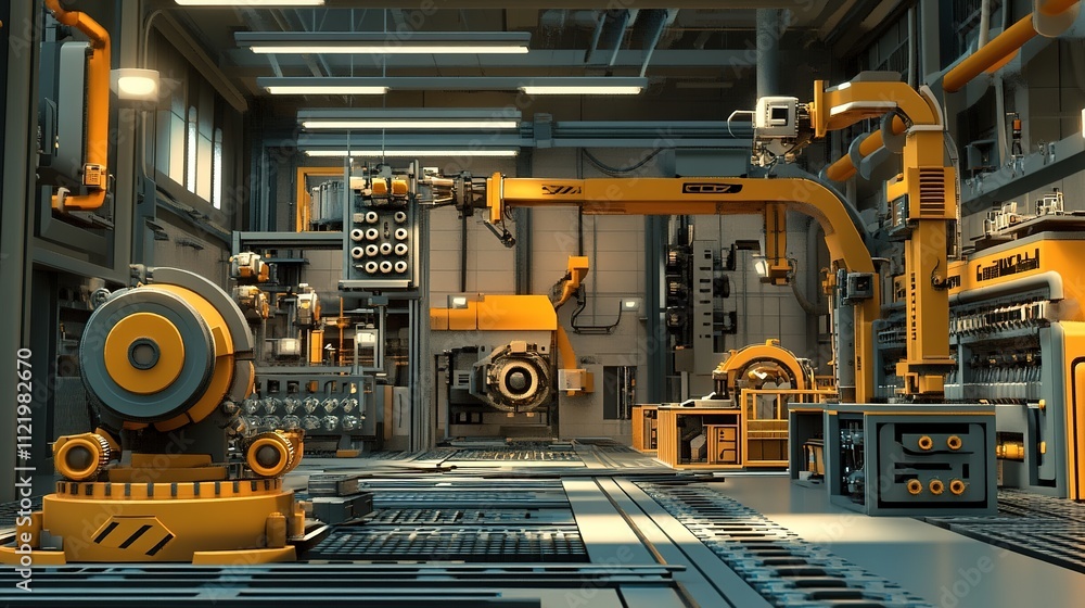 Poster a factory utilizing modular, customizable machinery for flexible production.