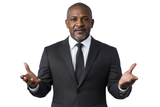 A confident businessman in a suit, with open hands, welcoming and ready to engage. Isolated against a white background for clarity.