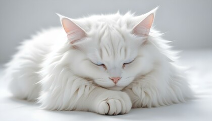 Obraz premium A fluffy white cat curled up, peacefully sleeping AI Generative