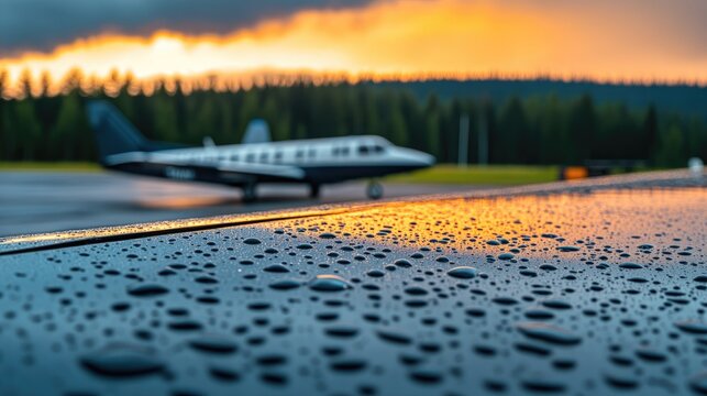 Raindrops cling to glass with a blurred view of trees and an orange sunset sky. The atmosphere reflects a stormy day, emphasizing nature's intricate details