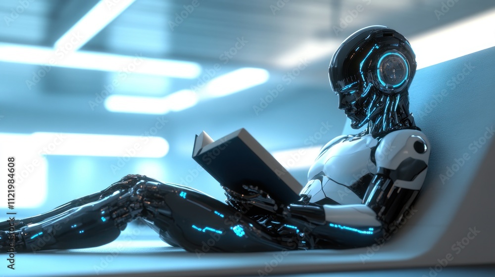 Poster robot reading a book in a futuristic setting