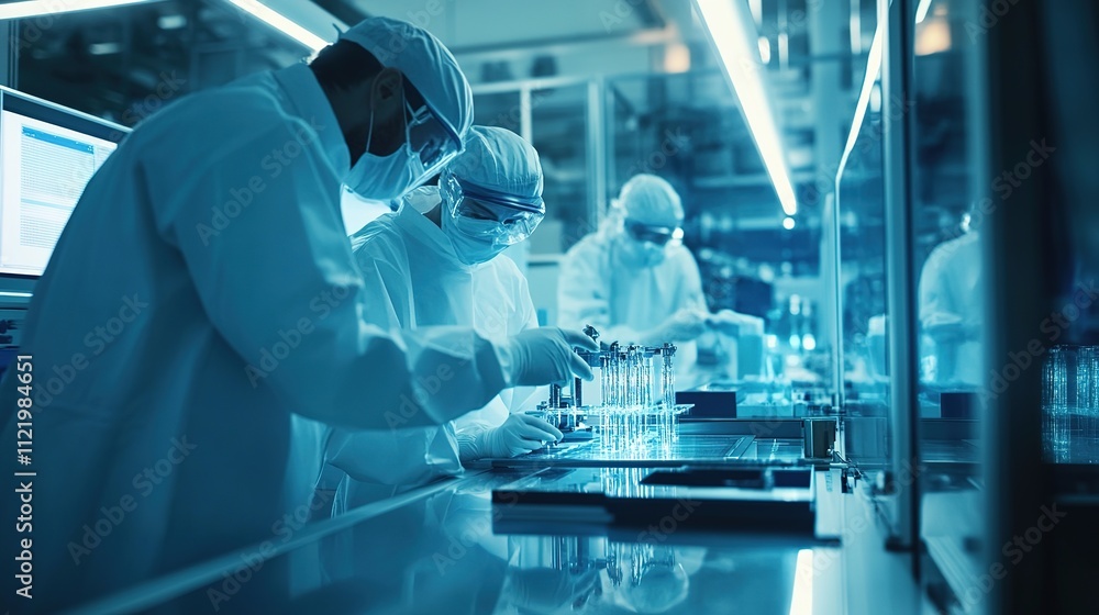Poster engineers calibrating precision machinery for high-accuracy production in a cleanroom environment.