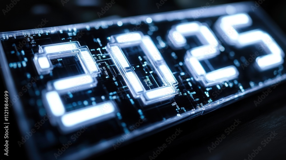 Poster digital display showing the year 2025 in neon style