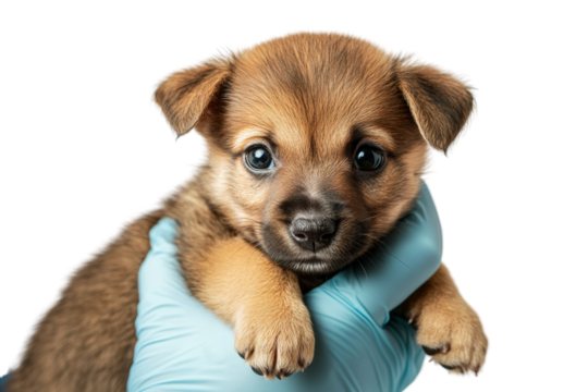 A cute puppy held gently in a gloved hand, showcasing its adorable features and fluffy coat against a white isolated background.