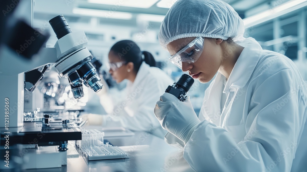 Poster engineers calibrating precision machinery for high-accuracy production in a cleanroom environment.