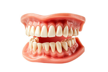 Obraz premium A detailed view of a set of artificial teeth with realistic gums, displayed against a white isolated background, ideal for dental education and marketing.