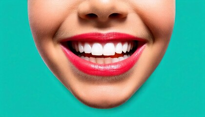 Naklejka premium Joyful smile with vibrant red lips and fresh teeth.