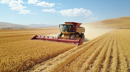 Obraz premium A combine harvester efficiently harvesting ripe wheat in an agricultural field