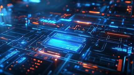 Fototapeta premium A holographic logo embedded in a transparent digital cube, glowing softly in a dark environment 