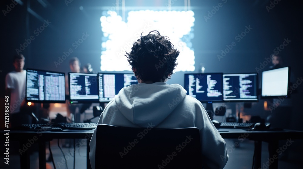 Poster person coding in a dark room with multiple screens
