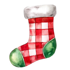 Watercolor Christmas stocking with red checkered pattern. The sock has a fluffy texture, isolated on white background. Perfect for xmas greeting cards and seasonal illustrations