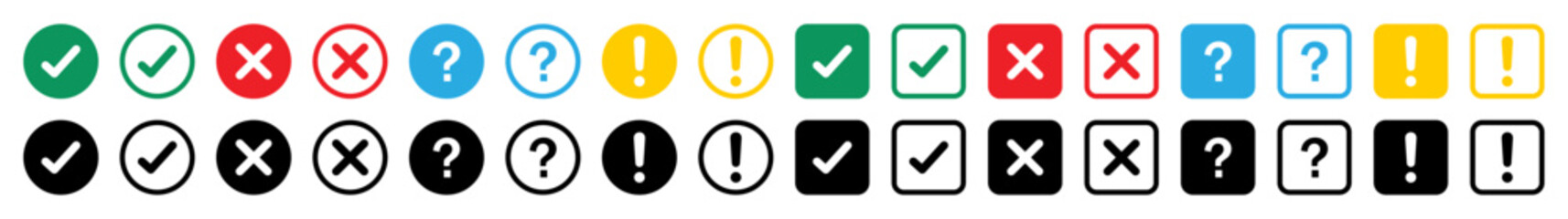 Chack list vector icon set in different color. Tick, cross, exclamation point or question marks sign symbol. True and false, yes or no sign symbol. Vector illustration.