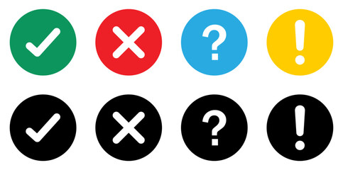 True and false, exclamation mark and question mark vector icons set in different color. Exclamation points and question mark icon collection. Silhouette and flat design. Vector illustration.