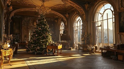 Obraz premium New Year's interior with Christmas tree castle 