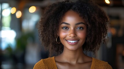 A confident African American woman smiles during a job interview, seeking a new position or promotion