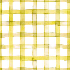 Fototapeta premium Seamless watercolor yellow gingham pattern on white background. Repeating checkered pattern. Perfect pattern for xmas greeting, Birthday party, or invitation cards and seasonal illustrations