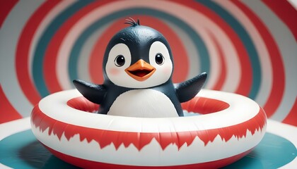 A cartoon-style penguin, with black and white feathers, sitting inside a red and white round float AI Generative