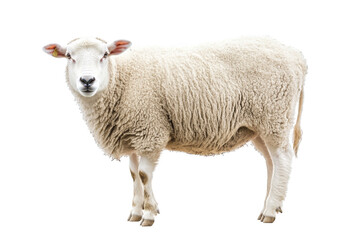 Fototapeta premium A fluffy sheep standing proudly on a white isolated background, showcasing its soft wool and curious expression.