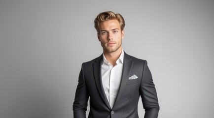 Fototapeta premium Fashion male model. Man confident businessman. Handsome blonde Man portrait. Man in suit, attractive businessman, business style. Portrait of a guy in an expensive business suit.