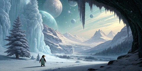Fototapeta premium A lone penguin stands in a fantastic icy landscape with towering frozen cliffs and distant mountain peaks under a surreal sky with multiple planets. AI generated.